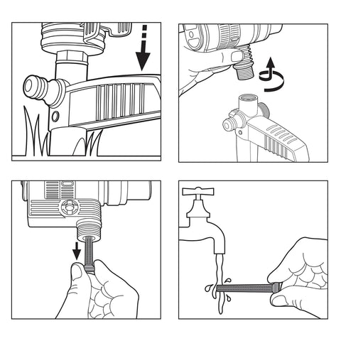 Illustrated setup guide for ZoomMaxx Adjustable Oscillating Sprinkler On Metal Step Spike For Even Watering Of Large Lawns Up To 2300 Sq Ft