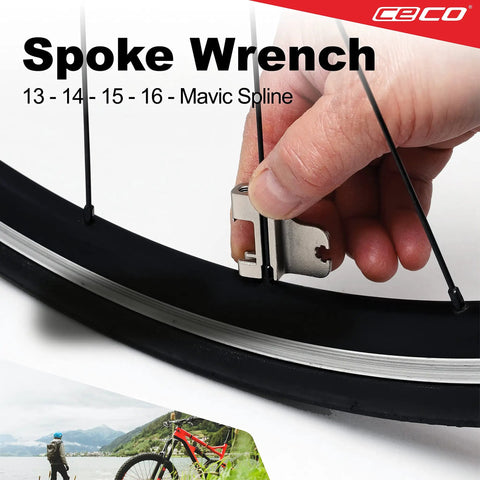 Hand adjusting bike spoke with Ultra Slim 17 Function Bike Tool With Chain Breaker, Pocket Sized Bicycle Multi Tool