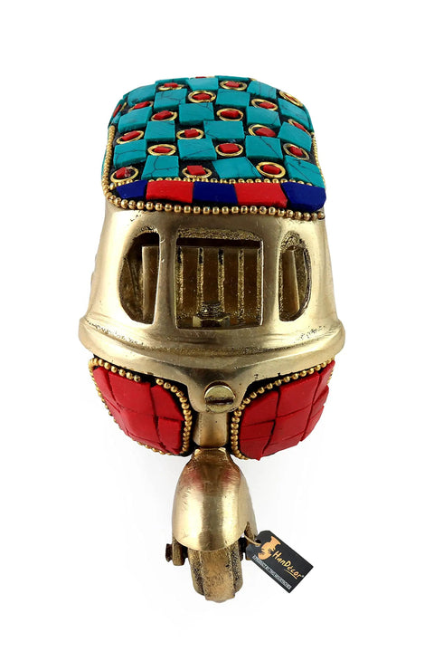 Dope Vintage Brass Auto Rickshaw Miniature Showpiece For Living Room Decor with colorful top, 4.5 x 2.4 x 3 inches, handcrafted