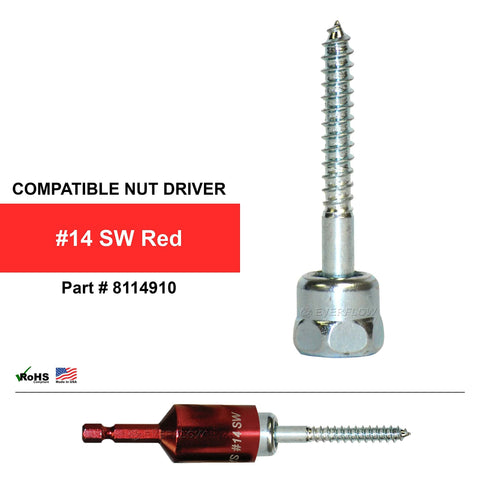 Three And One Half Inch Screw Vertical Threaded Rod Anchor For Wood No Pre Drilling Required Easy To Use Do It Yourself Steel With Zinc Finish One Quarter Inch By Three Inch Screw Length Pack Of 100 shown with red nut driver.