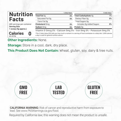 Nutrition facts label for Sweetener 6 Pounds Natural Sugar Substitutes No Aftertaste Keto Friendly Vegan Zero Net Carb Zero Calorie