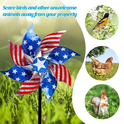 Ten Pack Reflective Pinwheels Patriotic Garden Decor with American Flag on Stick and animals for Fourth of July Gardens