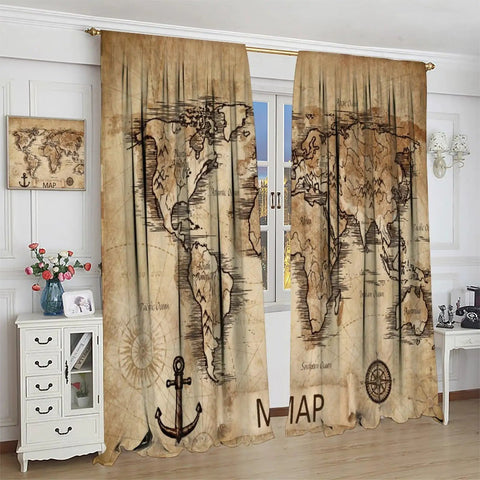 Dope World Map Curtain With Nautical Sailboat Vibe, Vintage Geography Decor, 42 Inch Wide By 45 Inch Long in living room