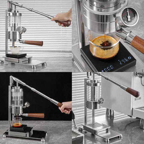 Game Changing Portable Manual Espresso Maker With 58 Mm Portafilter And 345 Ml Tank, displaying hand-pressed brewing process.