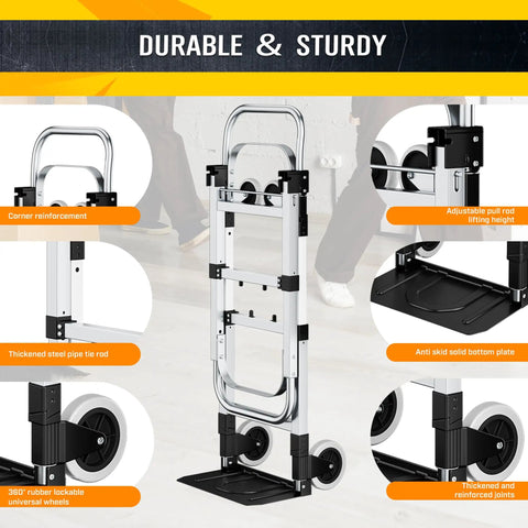 Heavy Duty 600 Lb Hand Truck Featuring Rock Solid Build And Ridiculously Easy Mode Flip For Stairs Or Flat Surfaces with adjustable pull rod and reinforced joints.