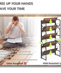 Dope Five Tier Folding Bookshelf Brings Hassle Free Assembly And Slick Industrial Vibes To Your Space Perfect For Bedroom Living Room Or Home Office With Super Sturdy Rustic Brown Shelving Units.