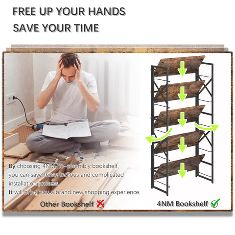 Dope Five Tier Folding Bookshelf Brings Hassle Free Assembly And Slick Industrial Vibes To Your Space Perfect For Bedroom Living Room Or Home Office With Super Sturdy Rustic Brown Shelving Units.