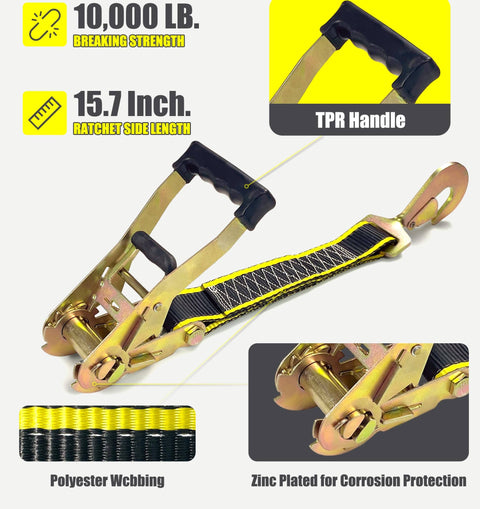 Heavy Duty Car Trailer Tie Down Straps With Reflective Kit For Car Truck And UTV Transport Four 2x10 Foot Ratchet Straps