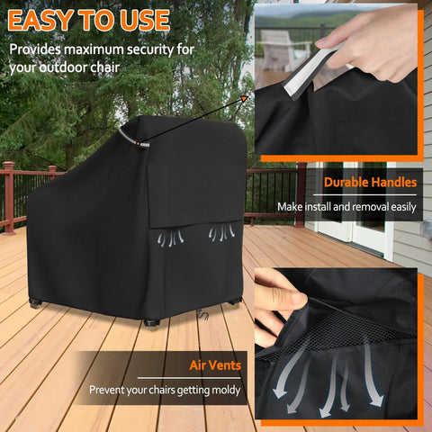 Waterproof Patio Chair Cover for Outdoor Furniture Keeps Your Lounge Chairs, Wicker, Swivel, Adirondack and Rocking Chairs Dry All Season, Heavy Duty Oxford, Fits Up To 32W x 37D x 36H, 1 Pack, Black, showing durable handles and air vents on deck.