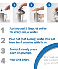 Instructions for using Double Walled Stainless Steel French Press Coffee Maker 44 Oz Extra Large Polished for brewing coffee.