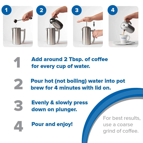 Instructions for using Double Walled Stainless Steel French Press Coffee Maker 44 Oz Extra Large Polished for brewing coffee.