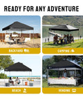 10x10 Pop Up Canopy With One Push CenterLok Setup For No Fuss Quick Outdoor Shade At Events And Camping Includes STO N GO Cover Bag Silver Coated Top Black Frame For Beach Events showcasing various uses including a backyard, camping, beach, and vending setup.