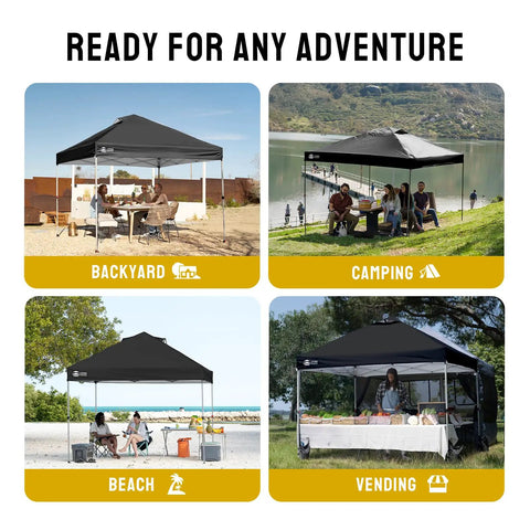 10x10 Pop Up Canopy With One Push CenterLok Setup For No Fuss Quick Outdoor Shade At Events And Camping Includes STO N GO Cover Bag Silver Coated Top Black Frame For Beach Events showcasing various uses including a backyard, camping, beach, and vending setup.