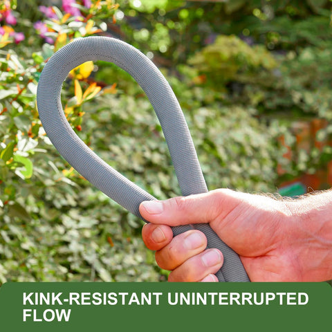 Front view of GUKOK 50ft non-expanding garden hose, gray braided, held in hand.