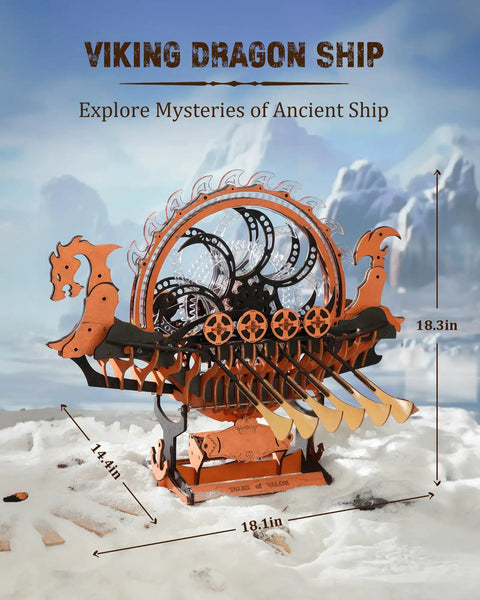 Viking Dragon Ship 3D Puzzle Model Kit For Adults 18 Inch DIY Wooden Puzzle With Laser Cut Basswood Smooth Burr Free Pieces Quick Assembly In About 3 Hours Epic Gift For History Buffs And DIY Fans, 18.1in display