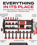 Heavy Duty Power Tool Organizer Wall Mount With Three Shelves Eight Drill Holders And Bit Holder With 300 Lb Capacity Pegboard Sides Garage Tool Storage Rack For Home Workshop Or Pro Shop, front view of fully loaded organizer with tools