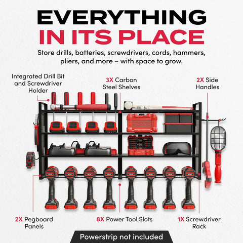 Heavy Duty Power Tool Organizer Wall Mount With Three Shelves Eight Drill Holders And Bit Holder With 300 Lb Capacity Pegboard Sides Garage Tool Storage Rack For Home Workshop Or Pro Shop, front view of fully loaded organizer with tools