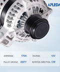 Beefed Up 170 Amp 12V Alternator Upgrade For Buick Enclave 2008 2017 For Chevy Traverse 2009 2017 For GMC Acadia 2007 2017 Saturn Outlook 2007 2010 With Six Groove Pulley Air Cooling CW Rotation OE Style Replacement