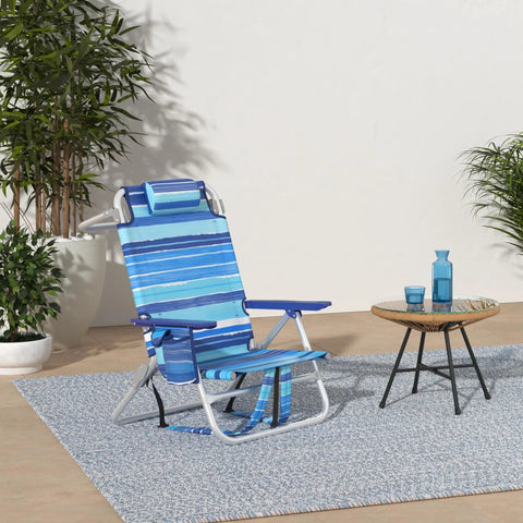Blue Backpack Beach Chairs For Adults Half Pack Foldable Heavy Duty Camping Chair With Large Pockets And Cup Holder