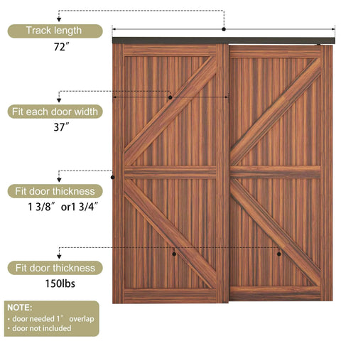 Heavy Duty Double Bypass Sliding Closet Door Track Kit Hardware with 72 Inch Aluminum Alloy Track Rail for Two Door System