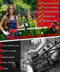 Cordless Weed Wacker With Dual 21V Batteries Wheel 15 Blades 3-In-1 Stringless Trimmer Edger Brush Cutter For Lawn Care Easy Yard Cleanup Battery Powered Fast Charge Included shown with features highlighted, woman holding the tool.