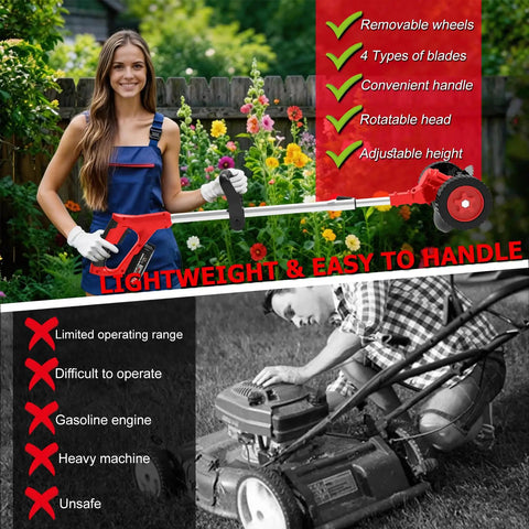Cordless Weed Wacker With Dual 21V Batteries Wheel 15 Blades 3-In-1 Stringless Trimmer Edger Brush Cutter For Lawn Care Easy Yard Cleanup Battery Powered Fast Charge Included shown with features highlighted, woman holding the tool.