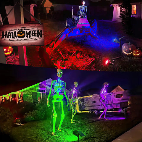 Halloween yard display with skeletons, colored lights, and decorations.