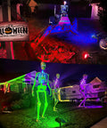 Colorful Halloween display with skeletons and 2 Pack RGB Solar Spotlights Outdoor Waterproof Color Changing Landscape Lighting