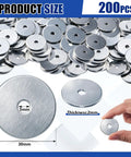 200 Piece Zinc Fender Washers 3/16 Inch By 1 1/4 Inch 2mm Thickness shown with size details and hand for scale.