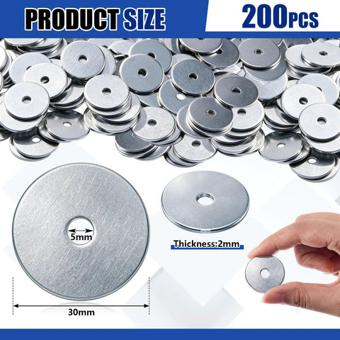 200 Piece Zinc Fender Washers 3/16 Inch By 1 1/4 Inch 2mm Thickness shown with size details and hand for scale.