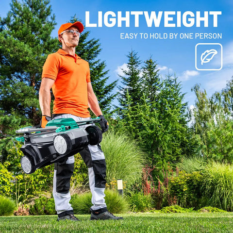 13 Inch Cordless Lawn Mower With 5 Height Settings 20V Brushless Motor Ideal for Garden Yard and Small Farm Lightweight No Fuss Walk Behind Includes 4Ah Battery And Charger For Quick Clean Cuts, man carrying mower