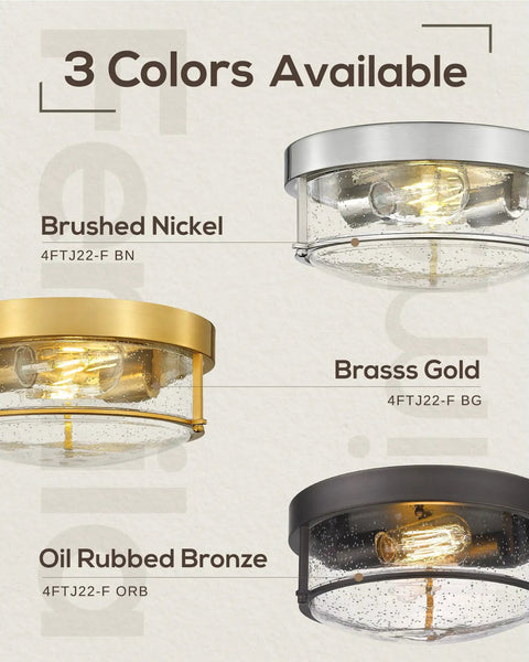 Three ceiling light options in brushed nickel, brass gold, and oil rubbed bronze with seeded glass shade, 12-inch size.