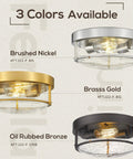Three 12 Inch Flush Mount Ceiling Light Fixtures, Brushed Nickel, Brass Gold, Oil Rubbed Bronze, Seeded Glass Design.