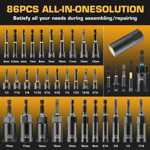 86-piece Go To Magnetic Impact Nut Driver Set With Metric And SAE Bits Quick Release Extensions Socket Adapters displayed.