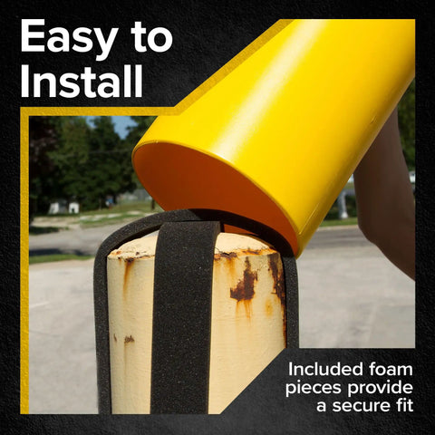 High Density Polyethylene Safety Bollard Covers Refresh Rusty Outposts With Zero Sweat Installation Plus Included Foam Pad For A Snug Setup Blocks Scratches On Pavement While Keeping The Area Looking Clean Without Any Extra Drama Year Round. Close-up of yellow bollard cover sliding over rusty metal post with foam for fit.