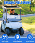 Golf cart with 2x130W flexible solar panels and MPPT boost controller generating up to 1040Wh daily, charging while driving.