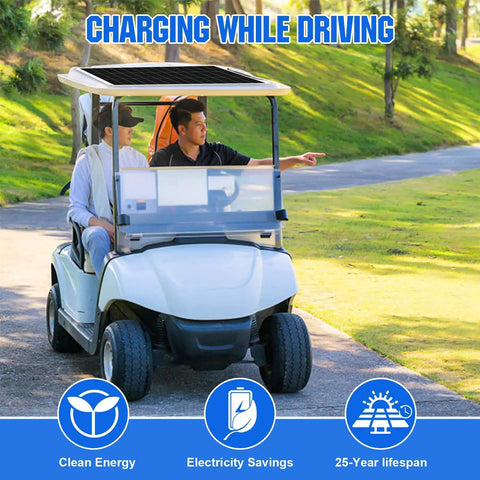 Golf cart with 2x130W flexible solar panels and MPPT boost controller generating up to 1040Wh daily, charging while driving.