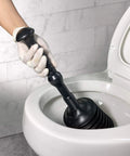Heavy Duty Toilet Plunger MP1003 With Patented Automatic Air Relief Valve used in a toilet bowl for clog clearing