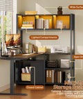 Full On Game Changer Electric Dual Motor L Shaped Standing Desk With Extra Storage Hutch features lighted compartments and open shelves.