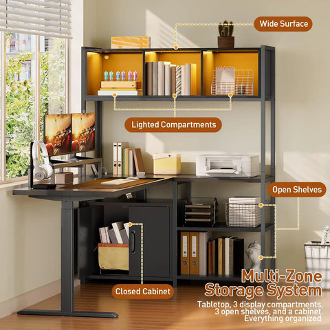 Full On Game Changer Electric Dual Motor L Shaped Standing Desk With Extra Storage Hutch features lighted compartments and open shelves.