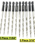 Woodworking Tapered Countersink Drill Bit Set, 10 Piece Pack With Five 11/64 Inch And Five 3/16 Inch Bits, front view