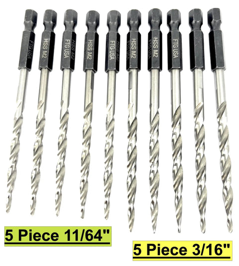 Woodworking Tapered Countersink Drill Bit Set, 10 Piece Pack With Five 11/64 Inch And Five 3/16 Inch Bits, front view