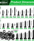410 Stainless Steel Wood Screw Set, DIY Friendly Assortment Kit With M2 M3 M4 Pan Head And Truss Head Self Tapping Screws, Black Finish, Lengths 6mm To 32mm, Ideal For Indoor Furniture And Woodworking Projects displayed with screw sizes and quantities.