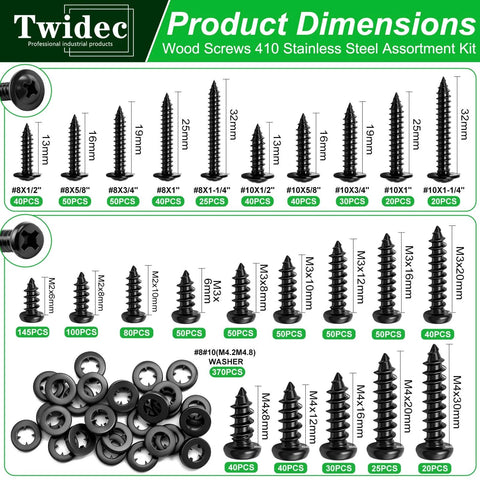 410 Stainless Steel Wood Screw Set, DIY Friendly Assortment Kit With M2 M3 M4 Pan Head And Truss Head Self Tapping Screws, Black Finish, Lengths 6mm To 32mm, Ideal For Indoor Furniture And Woodworking Projects displayed with screw sizes and quantities.