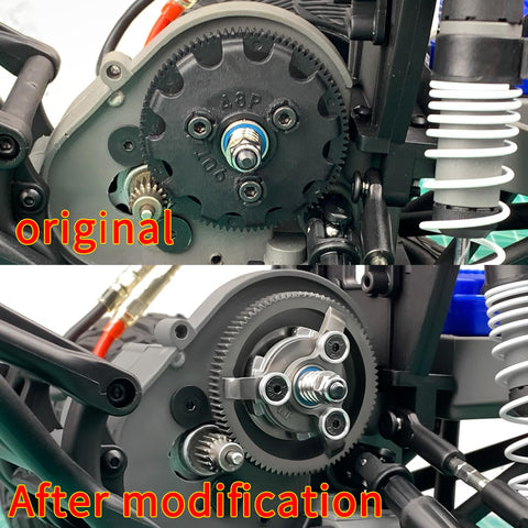 Comparison of original and upgraded Beefed Up Metal RC Spur Gear Set 48P 74T 76T 83T 86T 90T for one tenth scale Traxxas