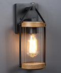 2 Pack Dusk To Dawn Outdoor Wall Light Fixtures With Photocell Sensor, black lantern sconce with wood texture against gray wall.