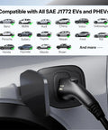 Level 1 And Level 2 J1772 EV Charger With 25 Foot Extension Cord Portable 240V 16A Electric Car Charger NEMA 6-20 Plug And 120V NEMA 5-15 Adapter Works With All SAE J1772 EVs plugged into car with compatibility chart