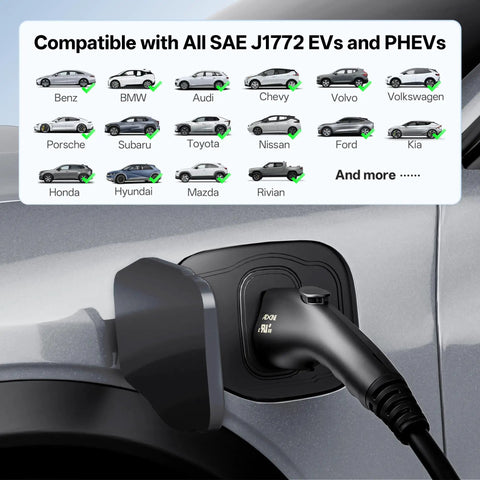 Level 1 And Level 2 J1772 EV Charger With 25 Foot Extension Cord Portable 240V 16A Electric Car Charger NEMA 6-20 Plug And 120V NEMA 5-15 Adapter Works With All SAE J1772 EVs plugged into car with compatibility chart
