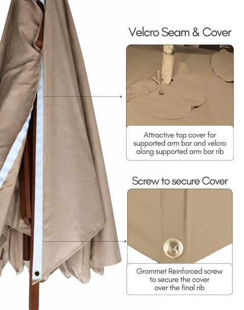Replacement Canopy Top Only For 11 Foot Cantilever Offset Umbrella Fits 8 Rib 64 To 66 Inch Rib Length Taupe with Velcro and Screw Detail