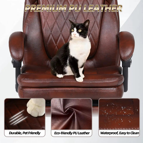 Cat on Big And Tall Office Chair With Foot Rest, Ergonomic High Back PU Leather Reclining Desk Chair, showcasing features